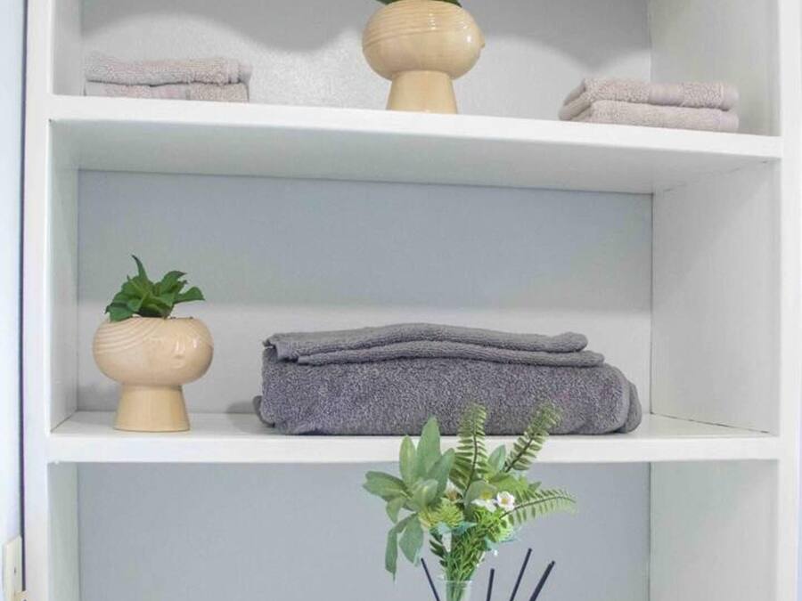 A bathroom with a white vanity, a towel rack, and a glass soap dish with a plant.