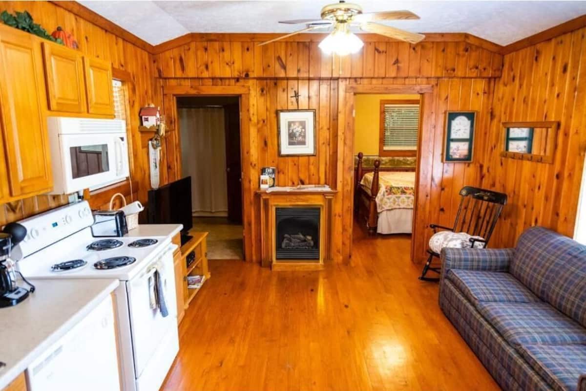 A cozy cabin-style room with wooden walls, a kitchenette with a stove and microwave, a fireplace, a sofa, and a ceiling fan.