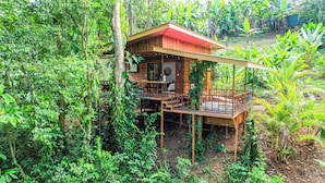 Une cabane en bois dotée d’un balcon, entourée d’une végétation tropicale luxuriante.