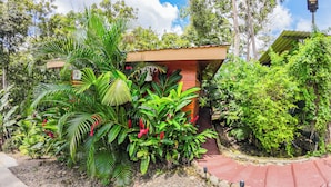 Un petit bâtiment d’un seul étage, entouré d’une végétation tropicale luxuriante.