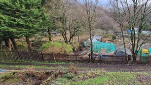 A fenced garden area with trees and a small building. - 3 Bedroom House in Central Rochdale cul-de-sac Free Parking & Fast Wi-Fi (Rochdale)