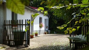 A gated courtyard with a building, potted plants, and a pathway. - 3-room vacation apartment in the Allgäu with garden and wood-burning stove (Leutkirch im Allgäu)