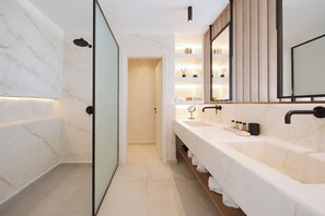 Shower, free toiletries, hair dryer, bathrobes
