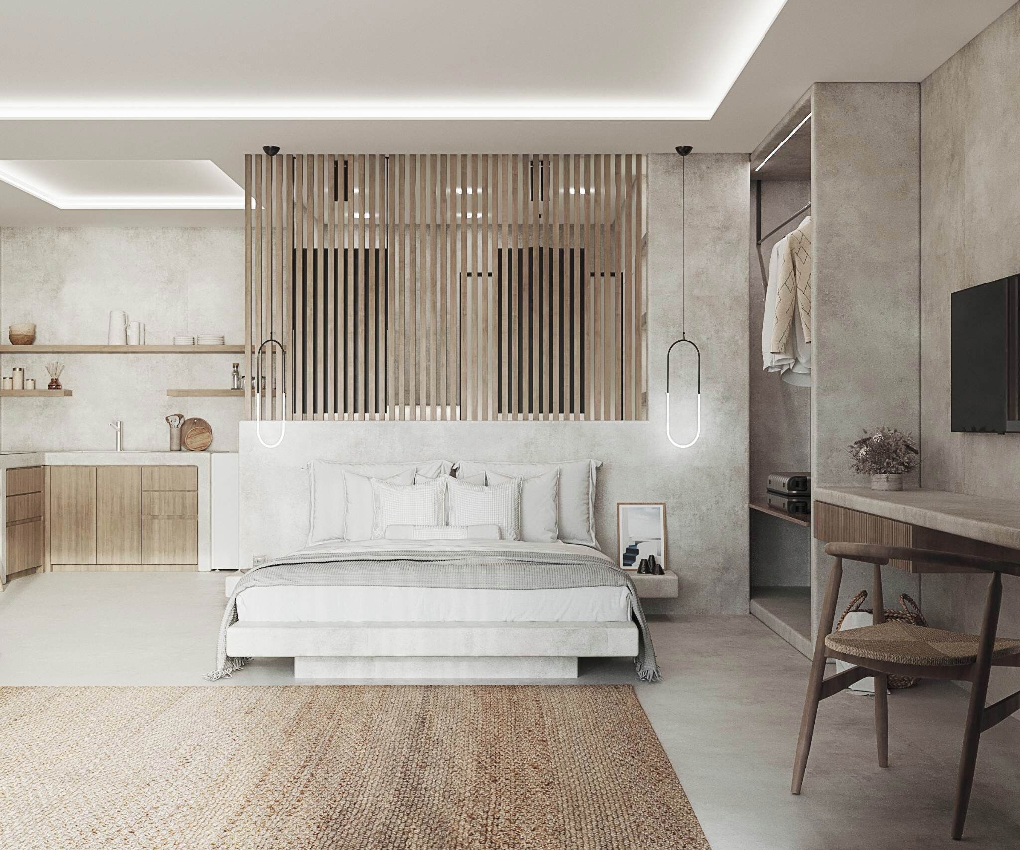 A modern bedroom with a bed, bedside tables, a desk, and a wardrobe.