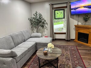 Smart TV, fireplace, books