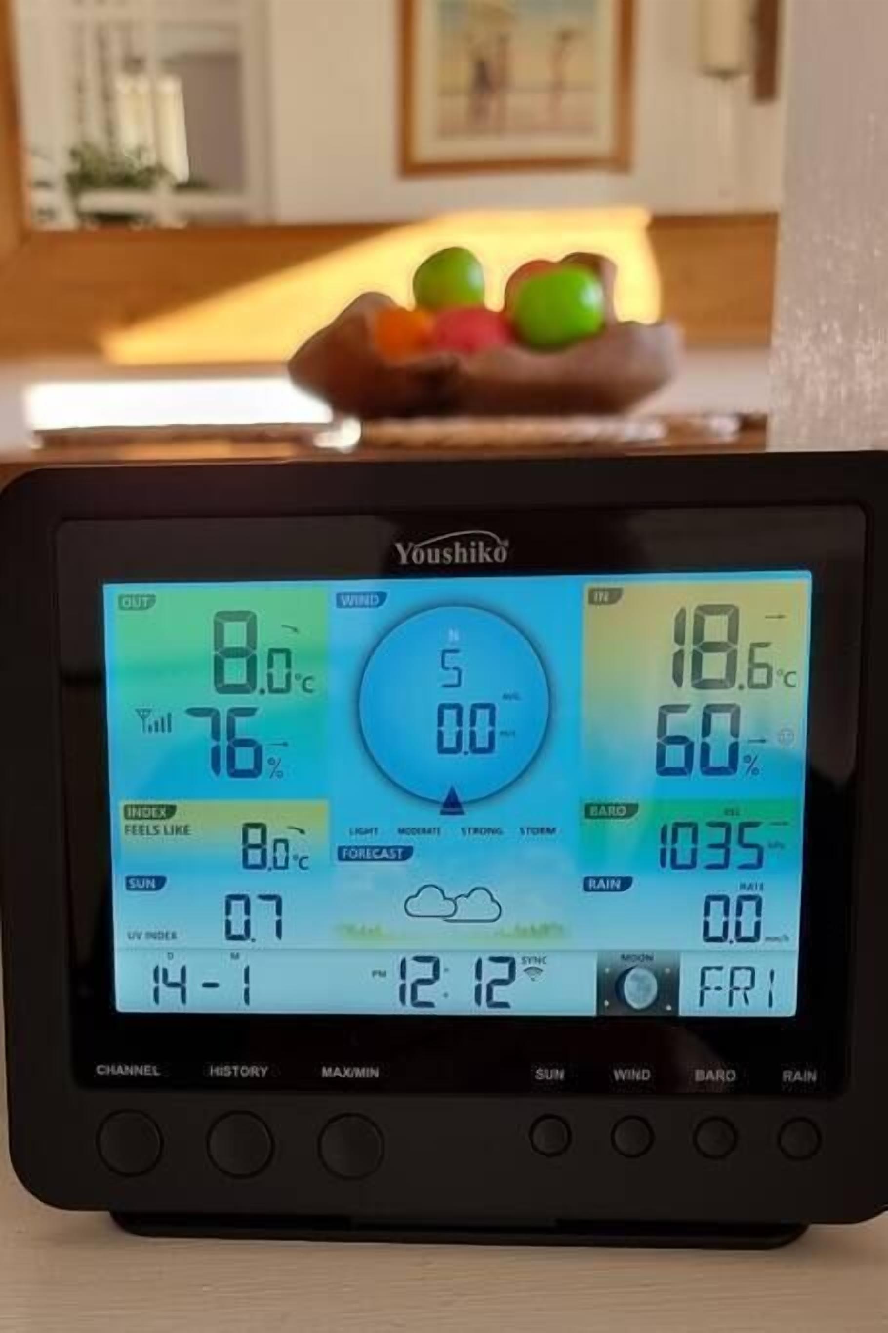 A Youshiko digital thermometer displaying outdoor temperature, humidity, and UV index.