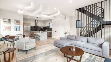 Smart TV, fireplace, books