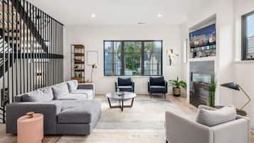 Smart TV, fireplace, books