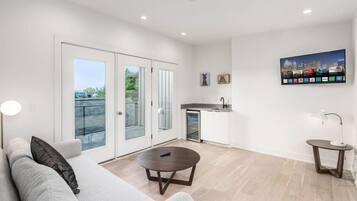 Smart TV, fireplace, books