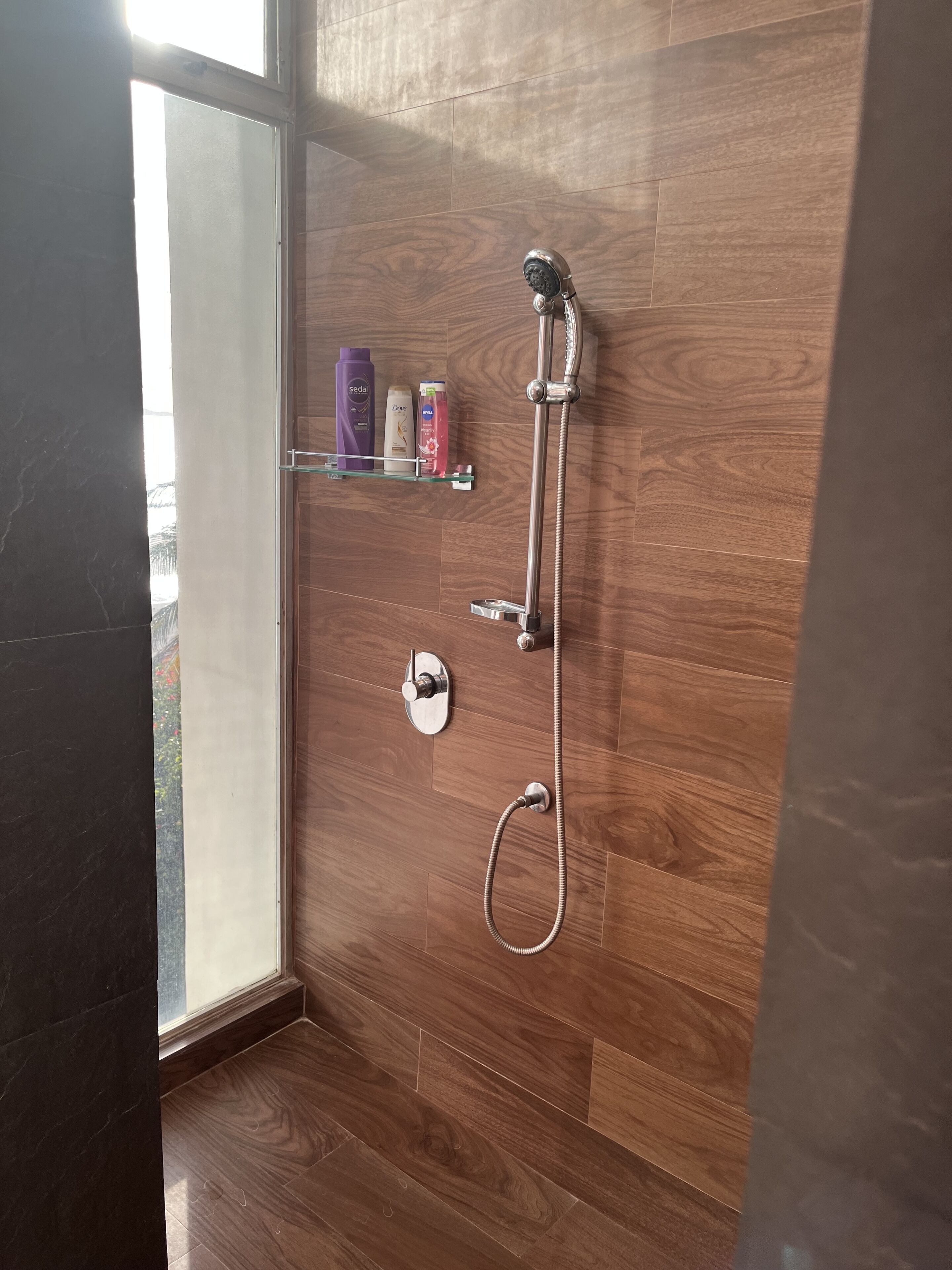 Ein modernes Badezimmer mit Holzboden, einer Duschkabine aus Glas und einem Ablagefach für Toilettenartikel.