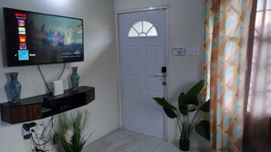 A living room with a flat-screen TV mounted on the wall, a white door with a glass panel, and a potted plant.