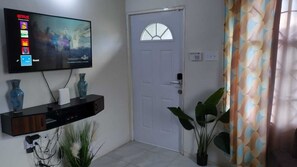 Enjoy a comfortable stay with a flat-screen TV, a convenient door with a glass panel, and a cozy potted plant.