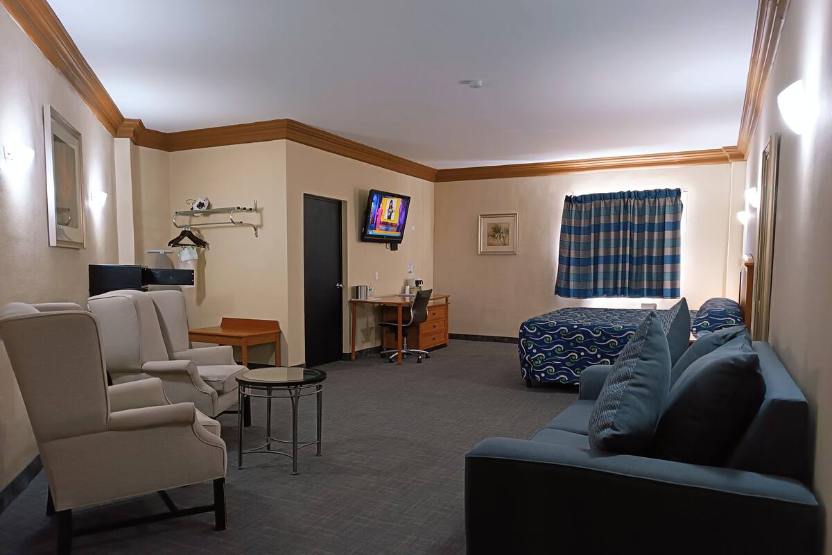 Una habitación de hotel con sofá, una silla, escritorio, televisor y cama.