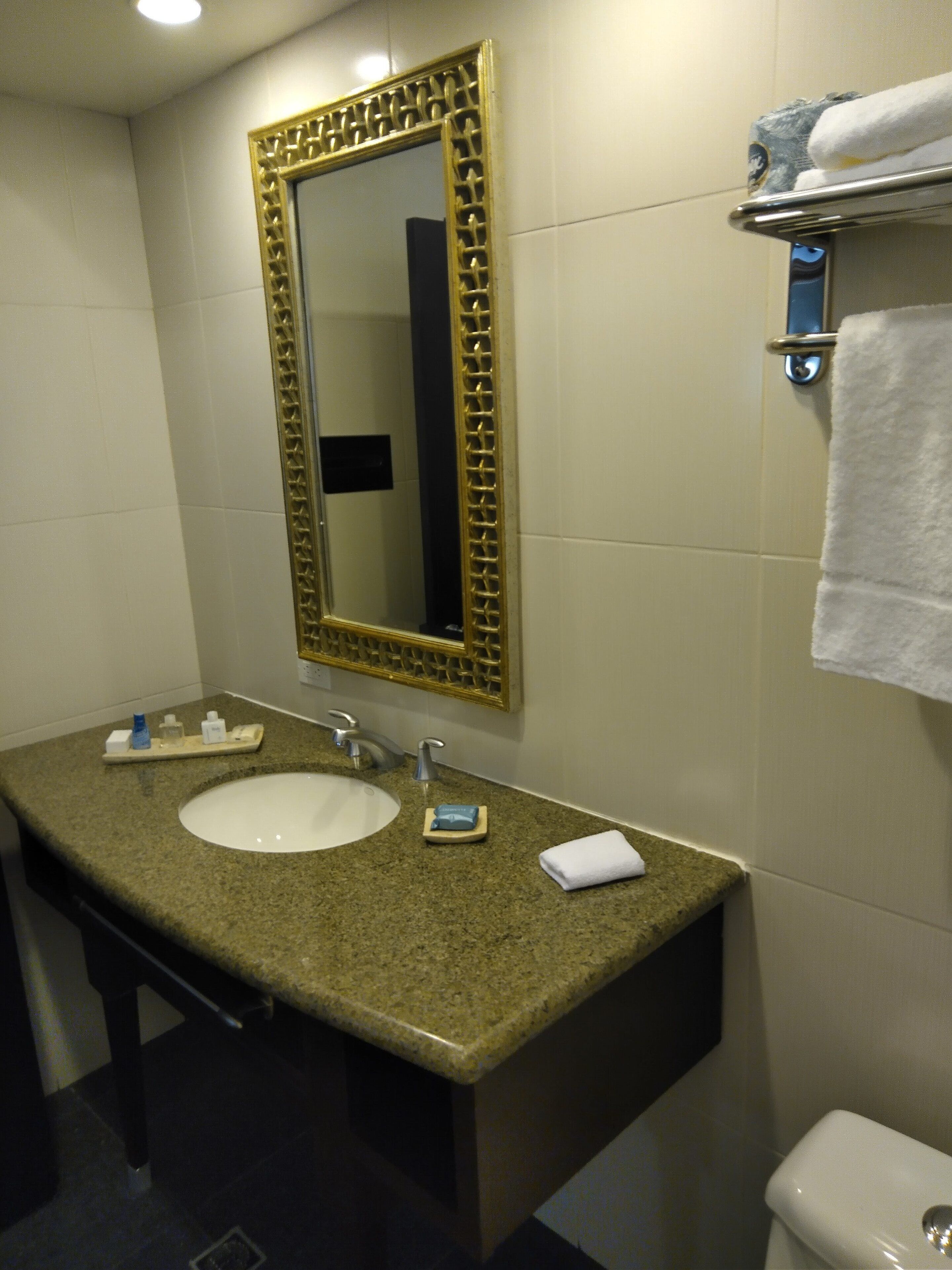 A bathroom with a granite countertop, a white sink, a gold-framed mirror, and a towel rack with a white towel.