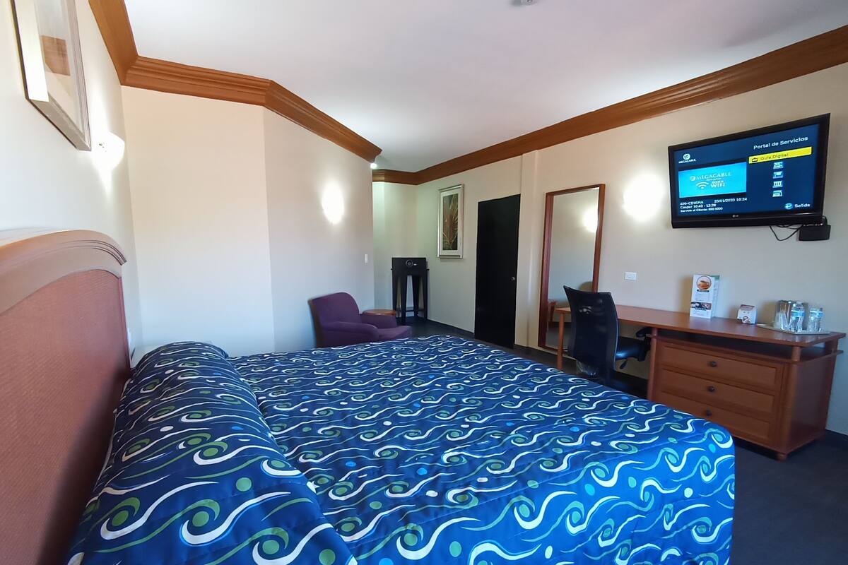 Una habitación de hotel con una cama, un escritorio, una silla, un televisor y una puerta.