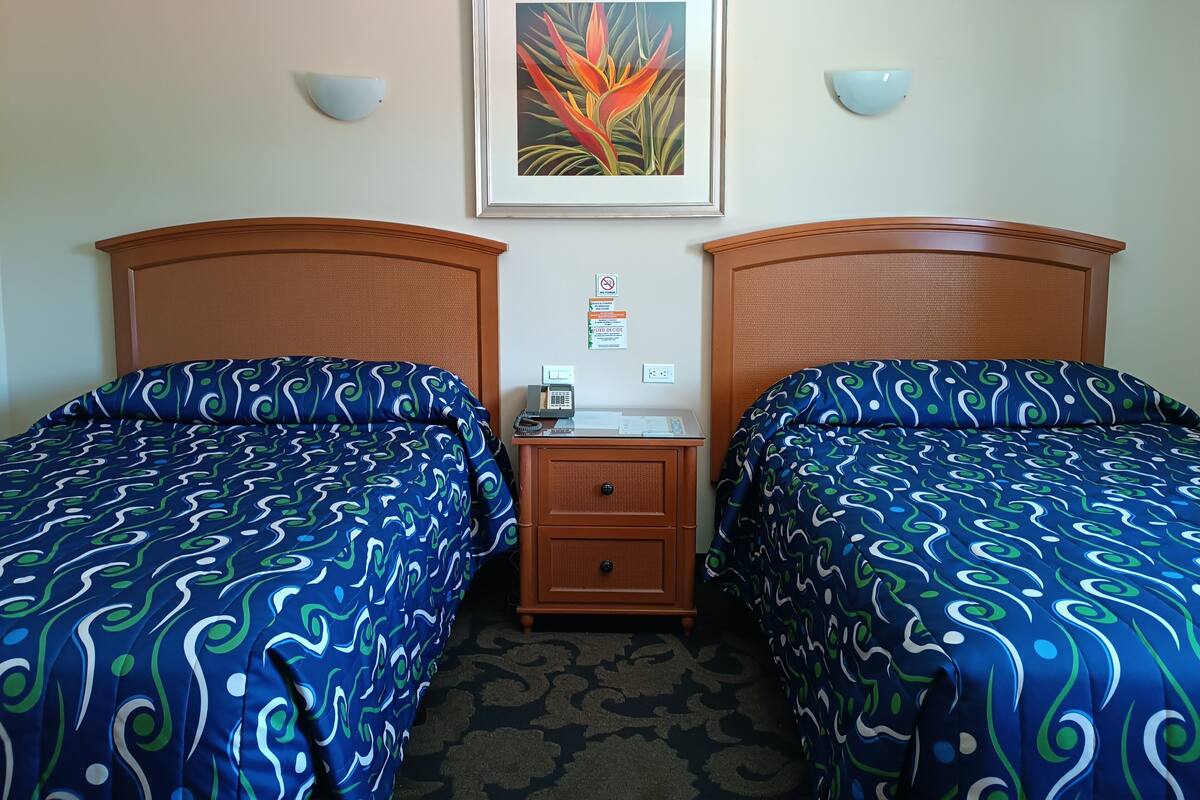 Habitación de hotel con dos camas, cada una con una colcha azul estampada, cabeceros de madera, una mesita de noche con teléfono y un cuadro en la pared.