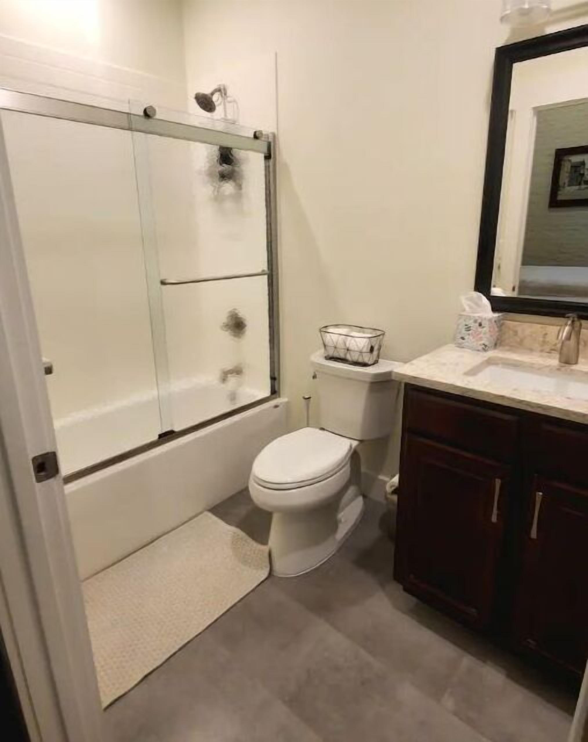 Hair dryer, towels, soap, shampoo