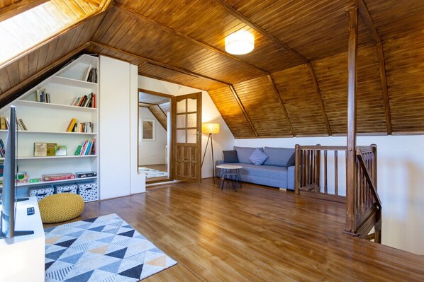 Smart TV, fireplace, books