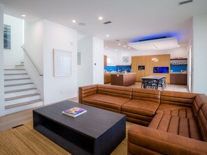 Smart TV, fireplace, stereo, computer monitors