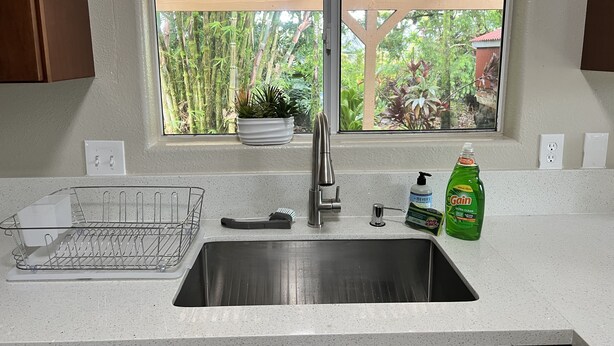 A kitchen with a stainless steel sink, a window with a view of bamboo and plants, and a potted plant on the windowsill. - 3 bedroom 2 bath Orchid house in Paradise (Hawaiian Paradise Park)