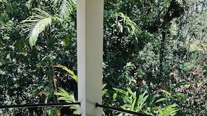 A balcony with a wooden floor and metal railing, overlooking a lush garden with various plants and trees. - Samanatropicalvillage  (Samaná)