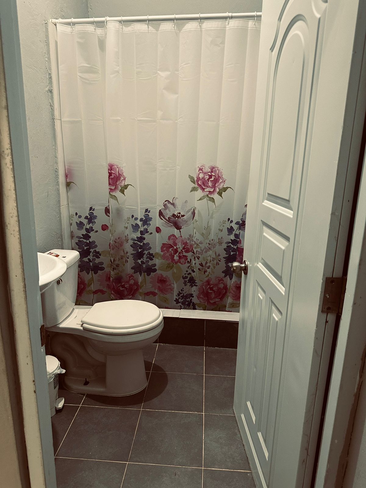 Un baño con inodoro, lavamanos y cortina de ducha estampada con motivos florales.