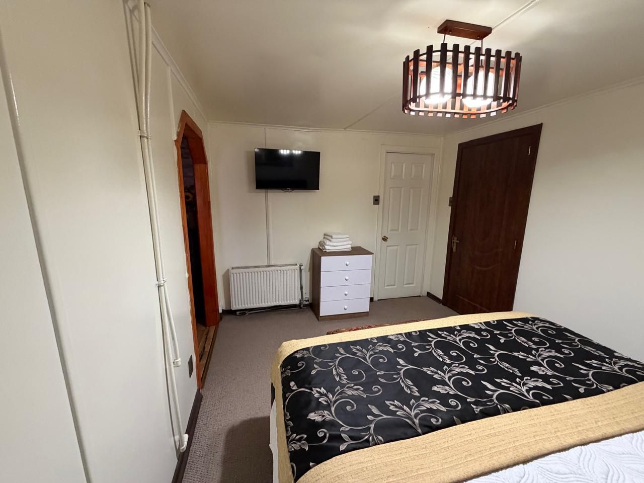 A bedroom with a bed, a dresser, a radiator, a television, and a door.