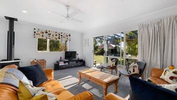 Smart TV, fireplace, DVD player, books