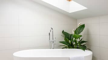 Une salle de bain moderne avec une baignoire sur pieds, un puits de lumière et une plante en pot.
