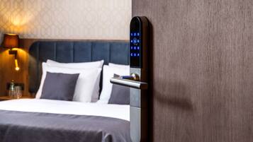 Hair dryer, towels, soap, shampoo