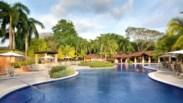 Zona de piscina en un resort con sillones de playa y sombrillas, rodeada de palmeras y un cielo despejado.