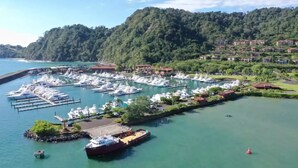 Un puerto deportivo con numerosas embarcaciones amarradas, rodeado de abundante vegetación y edificios residenciales.