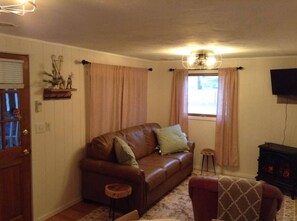 Smart TV, fireplace, books, stereo