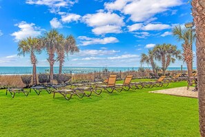 A beachside lounge area with sun loungers and palm trees, overlooking the ocean.