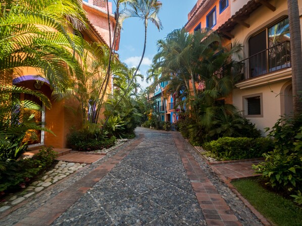 A narrow, paved pathway flanked by lush greenery and buildings with pastel-colored facades.
