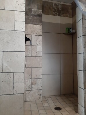 Shower, towels, soap, shampoo