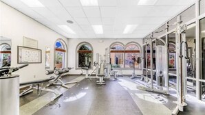 A gym with various exercise equipment, large windows, and a clean, modern design. - FUNCATION VILLA (Davenport)