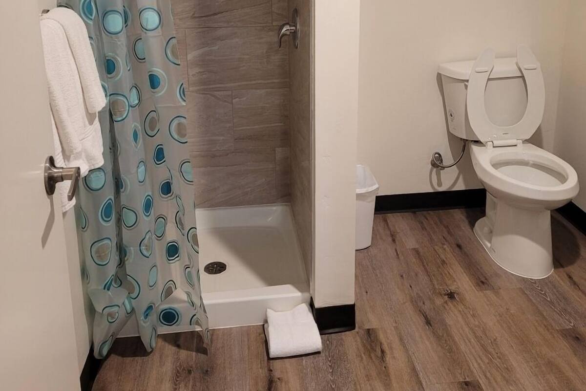 Une salle de bain avec une douche, des toilettes et un porte-serviettes.