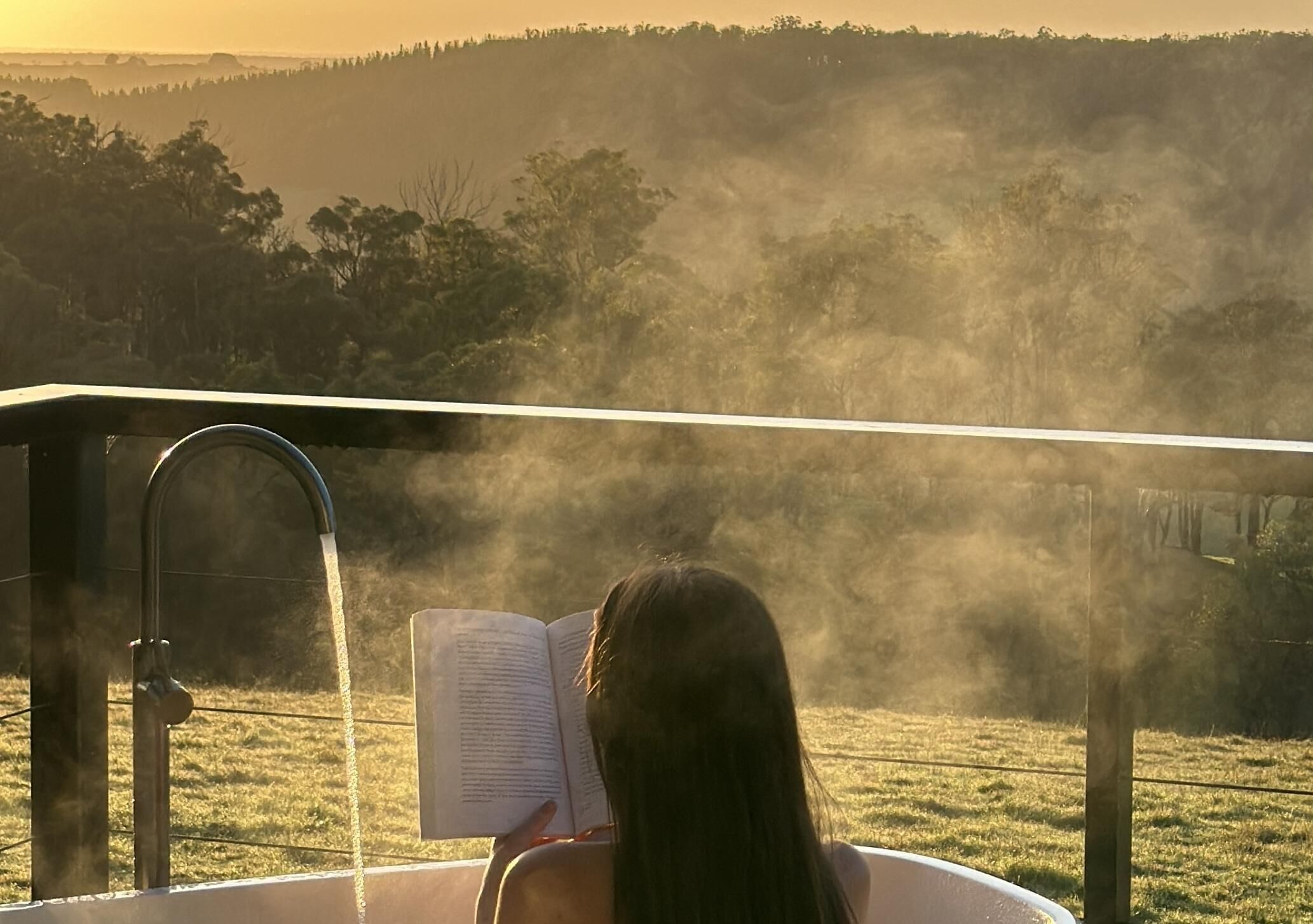 A person reading a book in a bathtub with a view of a misty landscape.
