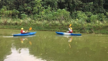 Dos personas haciendo kayak en un río tranquilo rodeado de vegetación densa.