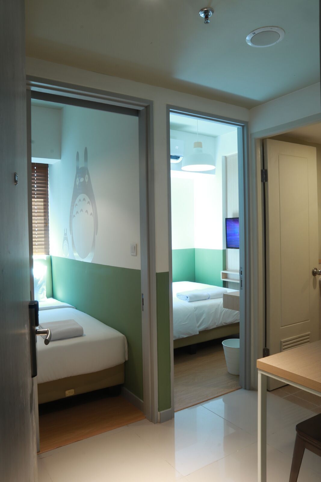 Memory-foam beds, desk, laptop workspace, iron/ironing board
