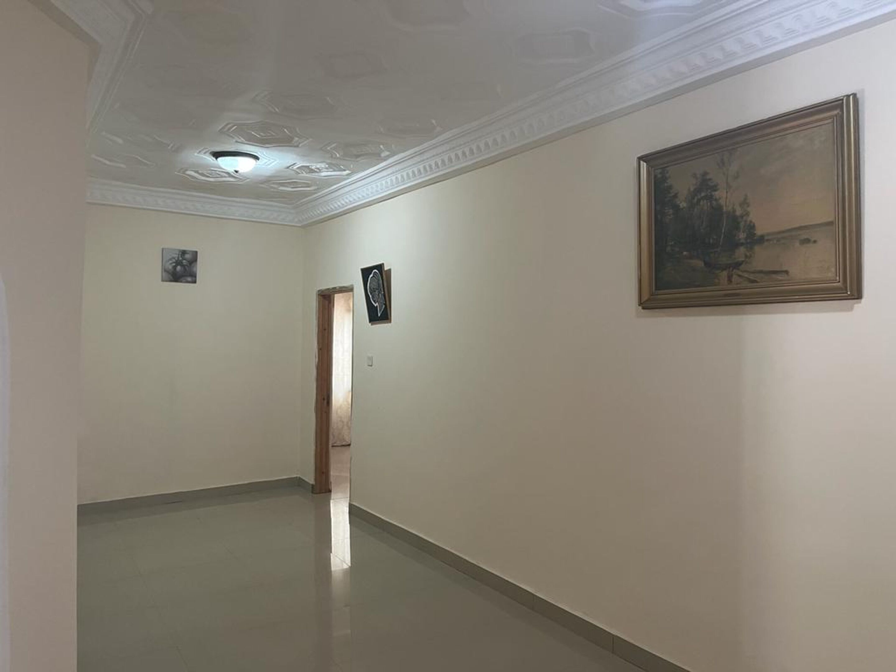 A hallway with a ceiling with decorative molding, a framed painting on the wall, and a door at the end.