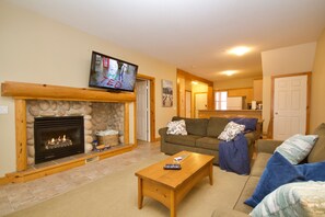 Smart TV, chimenea y libros 