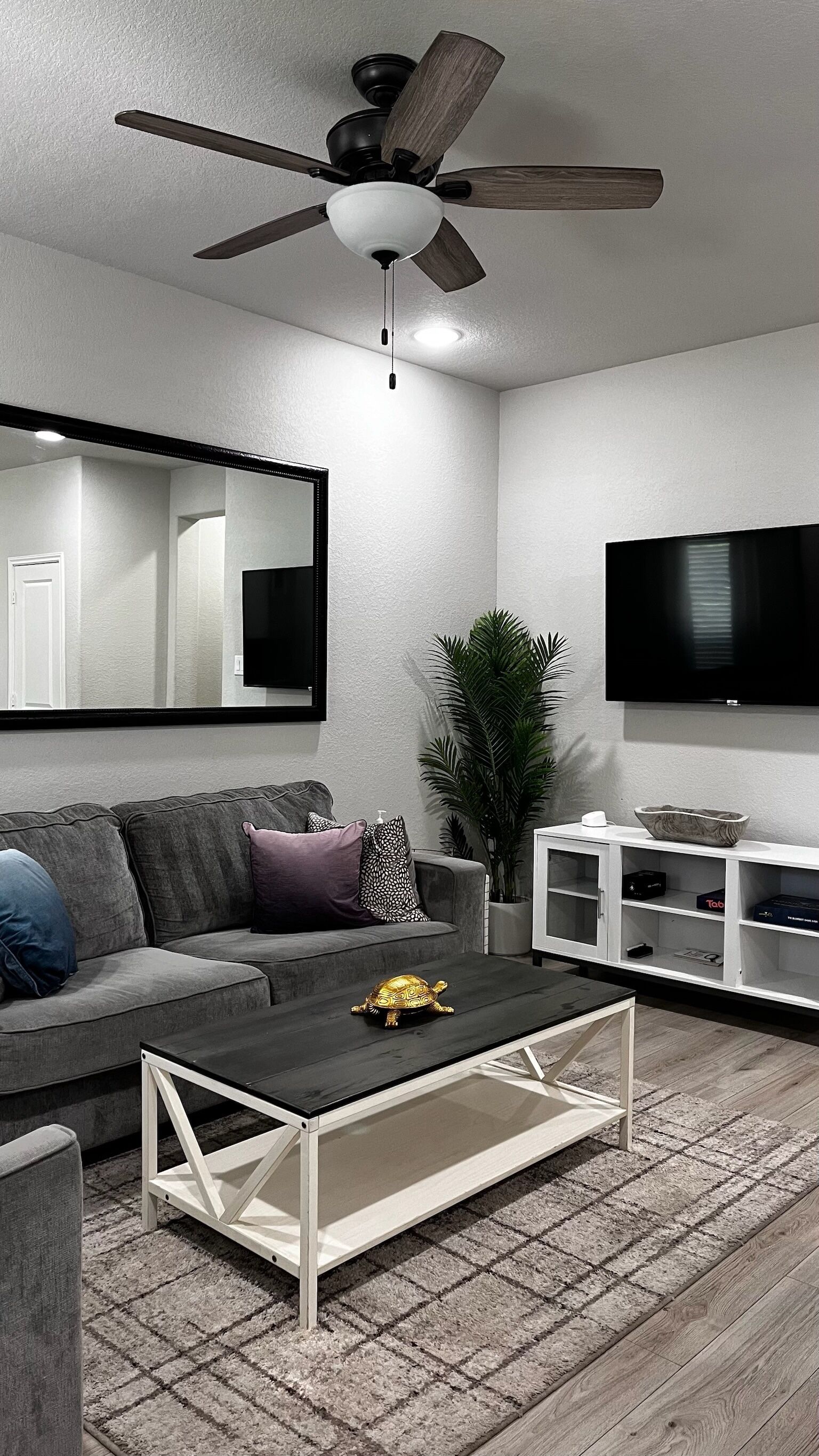 A modern living room with a ceiling fan, a flat-screen TV, a sofa, a coffee table, and a plant.