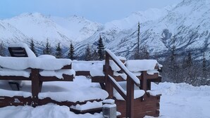 A snowy outdoor area with a wooden staircase and a cat sitting on the snow.