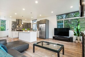 Smart TV, caminetto, impianto stereo, studio