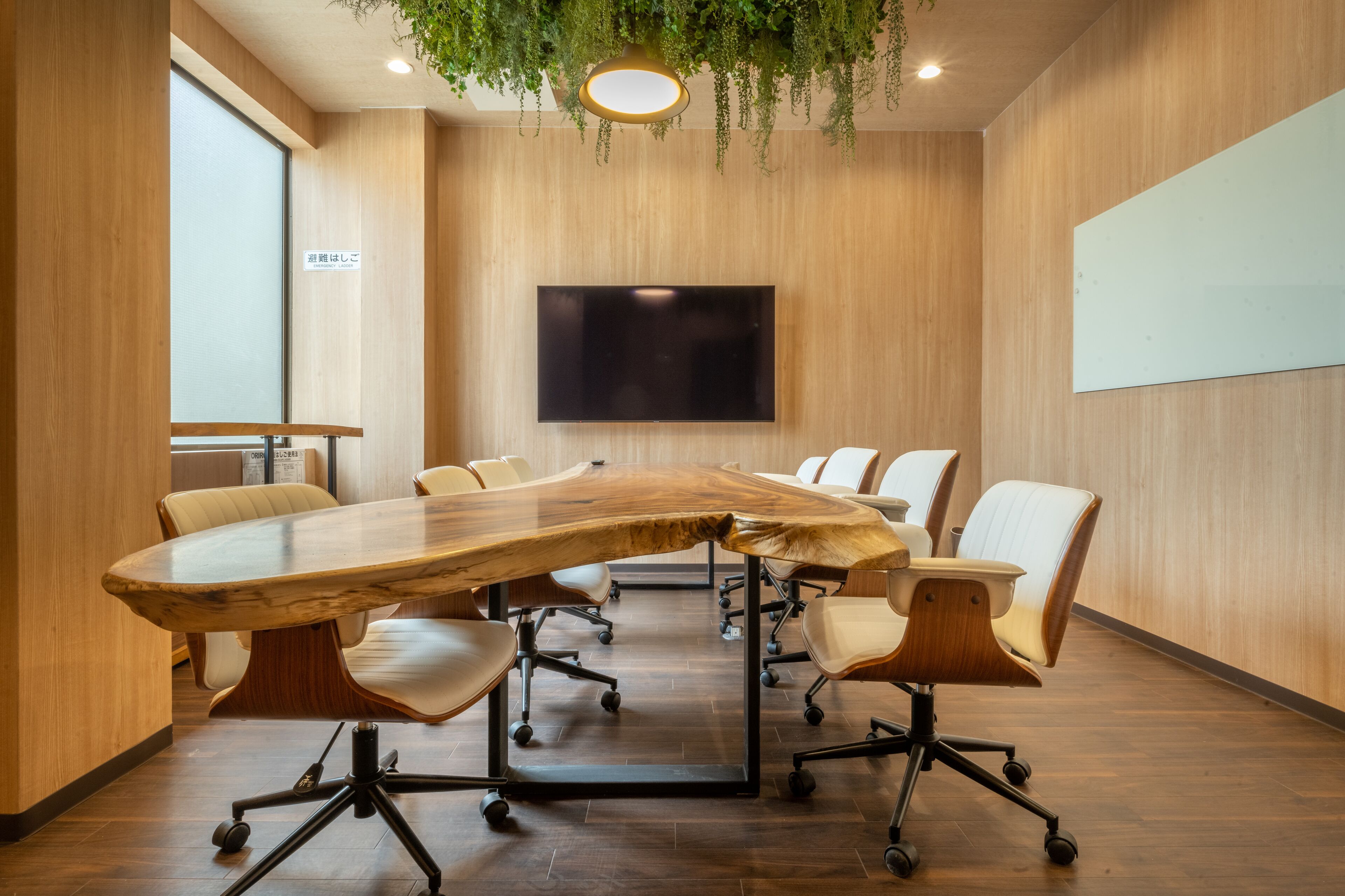A conference room with a large wooden table, white chairs, a mounted TV, and a hanging plant.