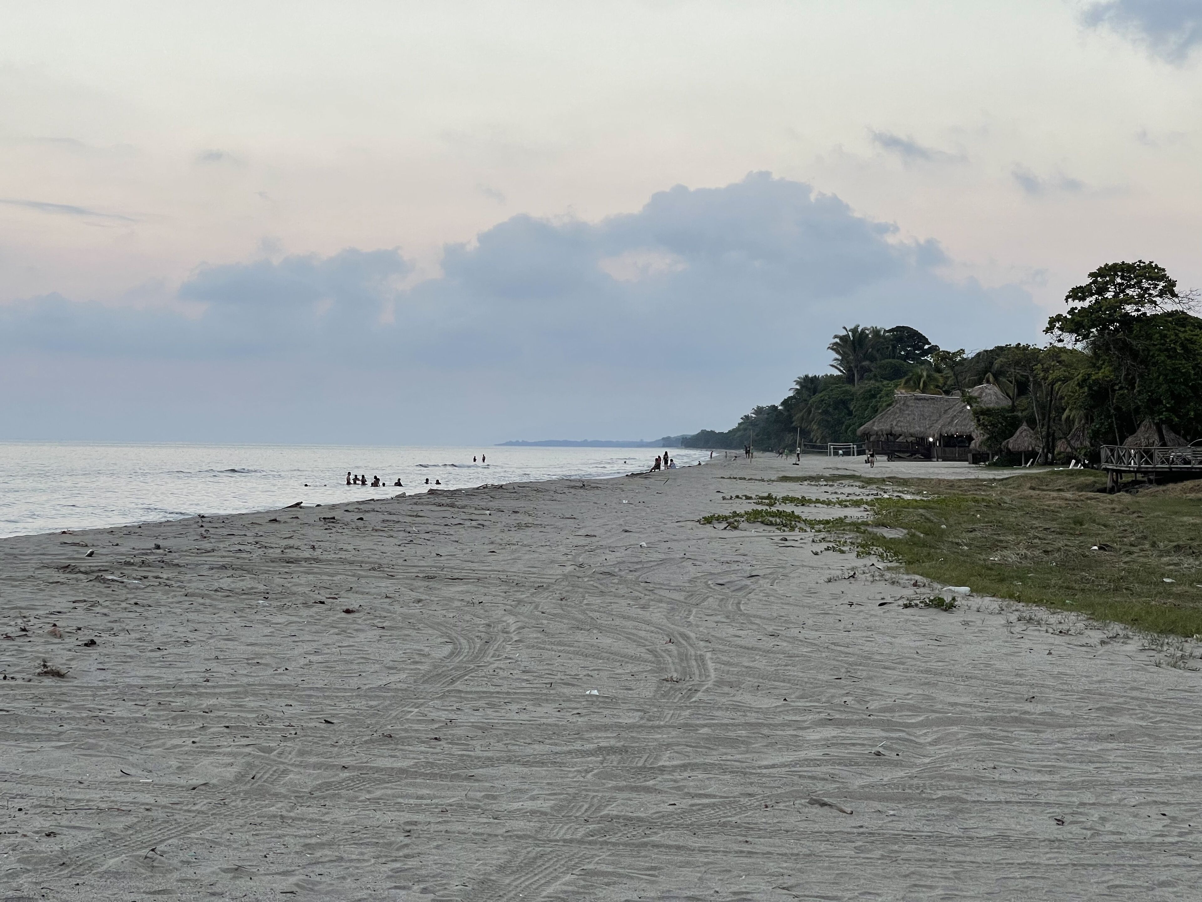 Una playa con una cabaña de techo de paja y una pasarela de madera.