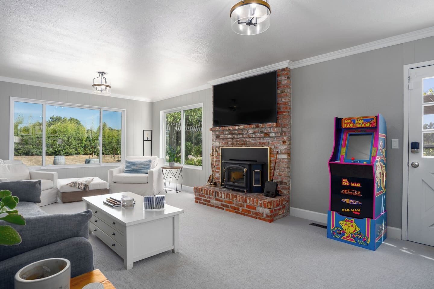 Smart TV, fireplace, ping pong, books