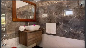 Shower, hair dryer, towels